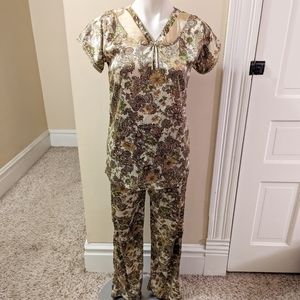 SRS Night Suit satin multi shades of brown paisley floral print PJs size small